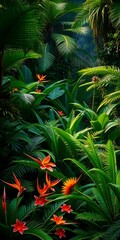 Poster - Tropical Rainforest Beauty. Sunlight Filters Through Lush Green Foliage, Creating A Vibrant And Serene Landscape. Exotic Flowers And Ferns Add To The Natural Splendor. Perfect For Backgrounds.