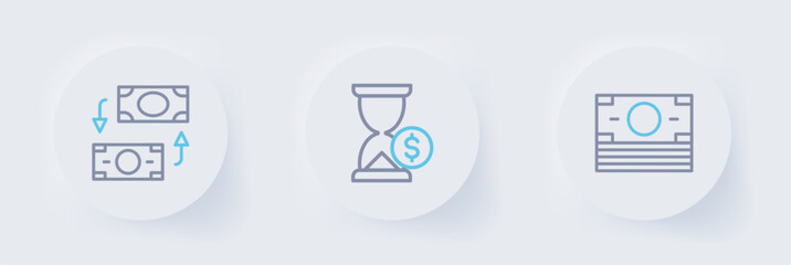 Poster - Set line Stacks paper money cash, Hourglass with dollar and Money exchange icon. Vector