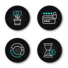 Poster - Set line Hourglass with dollar, Pie chart infographic, Credit card lock and Money plant the pot icon. Vector