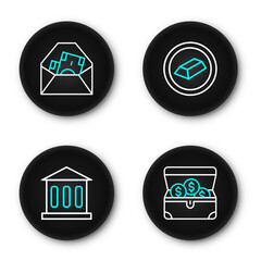 Poster - set line treasure chest, bank building, gold bars and envelope with dollar symbol icon. vector