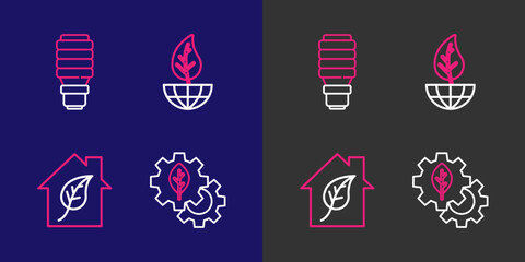 Poster - set line leaf plant in gear machine, eco friendly house, earth globe and leaf and led light bulb ico