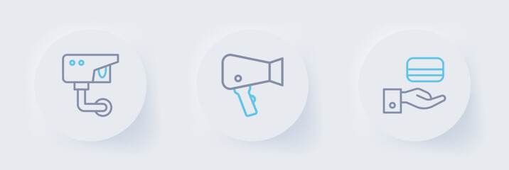 Poster - set line digital door lock, hair dryer and security camera icon. vector