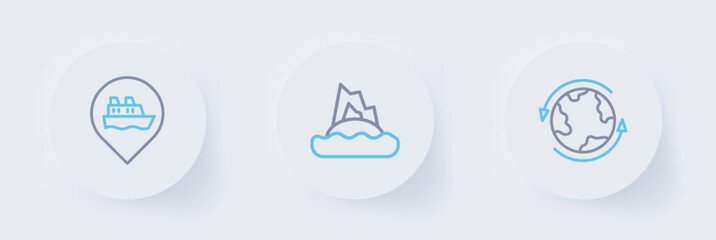 Poster - Set line Worldwide, Tropical island in ocean and Location with cruise ship icon. Vector