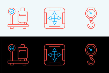 Poster - Set line Hand scale spring mechanical, Scale with suitcase and Area measurement icon. Vector