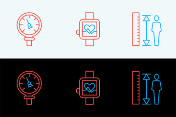 Poster - Set line Measuring height body, Pressure water meter and Smart watch icon. Vector
