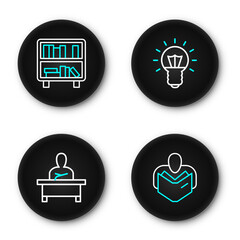 Poster - Set line Man reading book, Schoolboy sitting at desk, Light bulb and Shelf with books icon. Vector