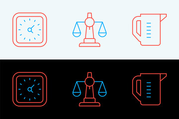 Poster - Set line Measuring cup, Clock and Scales of justice icon. Vector