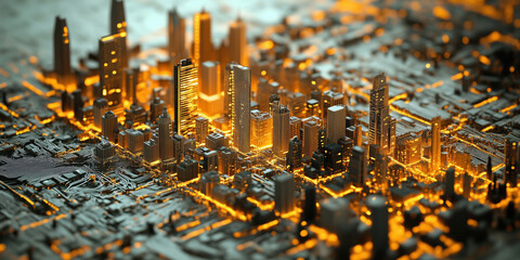 Poster - Futuristic cityscape illuminated by glowing circuitry and skyscrapers.