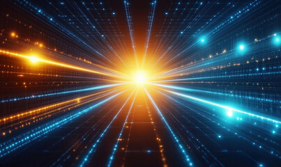 Poster - Futuristic light rays converging towards a bright center in a digital space.