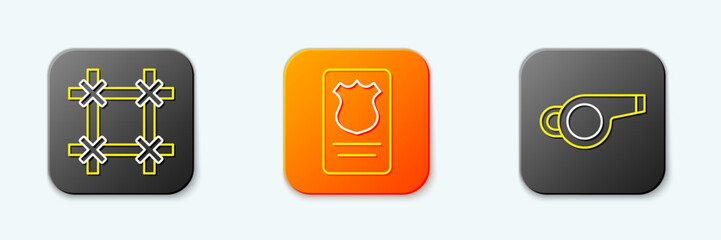 Poster - Set line Prison window, Police badge with id case and Whistle icon. Vector