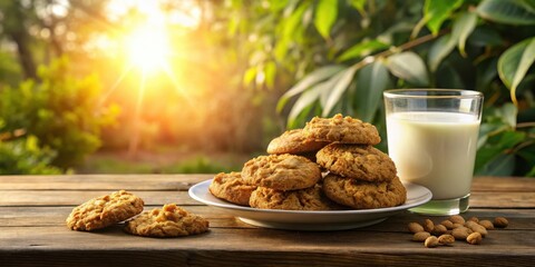Poster - A stack of cookies on a white plate with a glass of milk and scattered nuts on a rustic wooden table with a blurred background of a sunny summer garden.