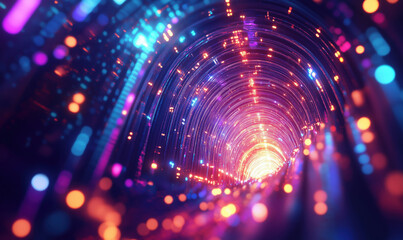 Poster - colorful abstract tunnel with glowing lights and digital effects.