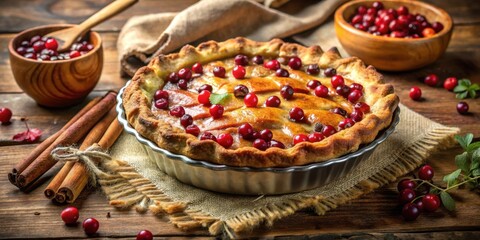 Poster - Homemade Cranberry Pie with a Flaky Crust and a Golden Glaze, Served on a Rustic Wooden Table with Cinnamon Sticks and Fresh Cranberries