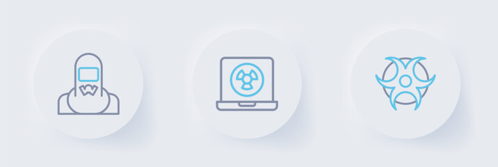 Poster - Set line Biohazard symbol, Nuclear laptop and reactor worker icon. Vector