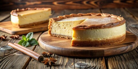 Poster - A Creamy Cheesecake Slice on a Wooden Board with Aromatic Spices and Fresh Mint Leaves