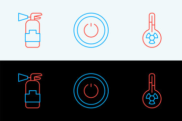 Poster - Set line Meteorology thermometer, Fire extinguisher and Power button icon. Vector
