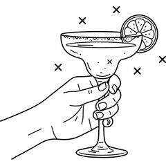 Poster - Cocktail Glass with Margarita and Lime Slice held in Hand Line Art Illustration. Hand holding margarita cocktail with lime slice in black and white line art style
