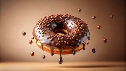 Poster - A perfectly glazed chocolate donut with sprinkles floating through the air, with chocolate drops falling below it.