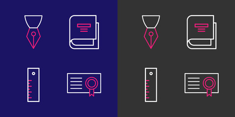 Poster - Set line Certificate template, Ruler, Book and Fountain pen nib icon. Vector