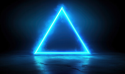 Poster - Glowing blue neon triangle with smoke effect on dark background.