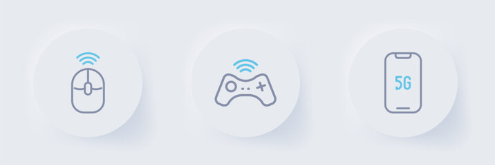 Poster - Set line Mobile with 5G, Wireless gamepad and computer mouse icon. Vector