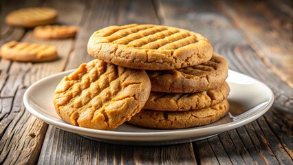 Aufkleber - A close-up view of a stack of peanut butter cookies on a white plate, showcasing the golden-brown color and textured surface of the cookies, with a wooden background