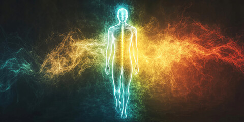 Poster - Energetic human figure surrounded by colorful light waves representing vitality and aura.