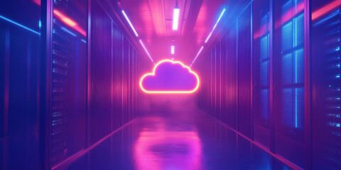Poster - neon cloud symbol glowing in futuristic data center corridor with vibrant lighting.