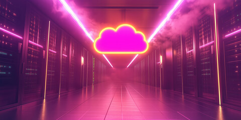 Poster - neon cloud symbol in futuristic data center with glowing lights and servers.