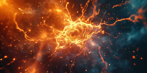 Poster - Abstract explosion of energy with vibrant orange and blue colors in cosmic background.