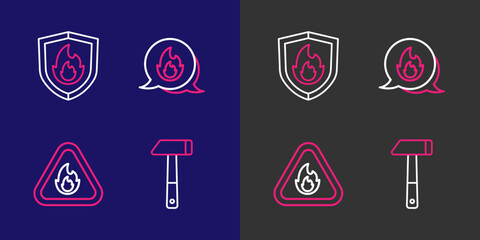 Poster - Set line Hammer, Fire flame in triangle, Emergency call and protection shield icon. Vector
