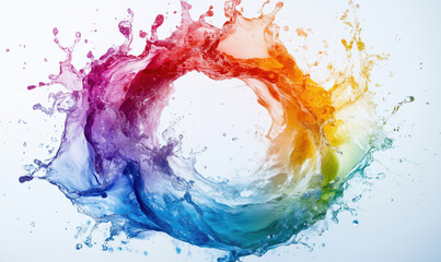 Poster - Colorful splash of water creating a vibrant circular motion with rainbow hues.