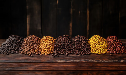 Poster - Variety of Coffee Beans Displayed in Colorful Piles on Rustic Wooden Table.