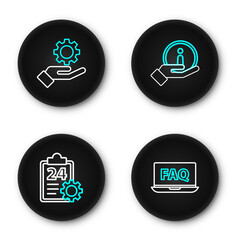 Poster - Set line Laptop and FAQ, Checklist with 24 hours service, Information and Settings in the hand icon. Vector