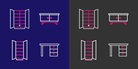 Poster - Set line Office desk, Wardrobe, Furniture nightstand and icon. Vector