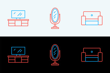 Poster - Set line Armchair, TV table stand and Mirror icon. Vector