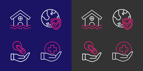 Poster - Set line Life insurance, Light bulb hand, Shield with world globe and House flood icon. Vector