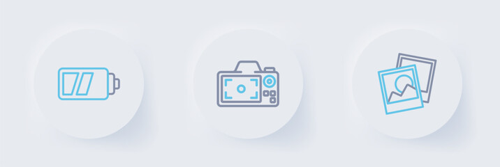 Poster - Set line Photo frame, camera and Battery for icon. Vector