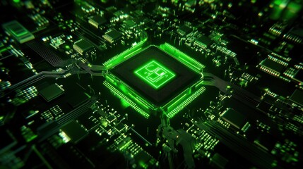 Poster - Glowing Green Circuit Board: A High-Tech Digital Microchip Close-Up