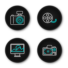 Poster - set line photo camera, retouching, film reel and icon. vector