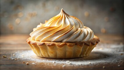 Poster - A single delicate pastry with a swirl of fluffy meringue sits on a wooden surface, dusted with powdered sugar.