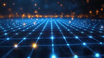 Fototapete - Abstract digital network, glowing grid, nodes and connections