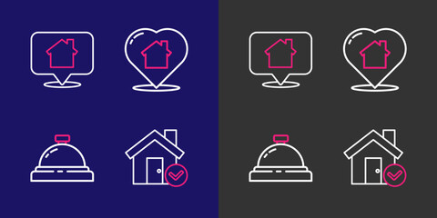 Poster - Set line House with check mark, Hotel service bell, heart shape and Location house icon. Vector