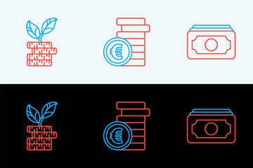 Poster - Set line Stacks paper money cash, Dollar plant and Coin with euro symbol icon. Vector