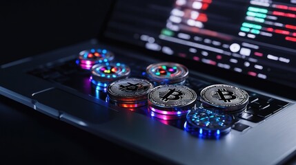 Poster - Bitcoin coins on laptop with market data