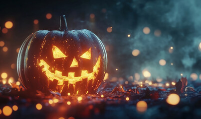 Poster - Glowing Halloween Pumpkin with Spooky Face Surrounded by Autumn Leaves and Bokeh Lights.