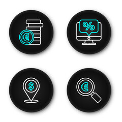 Poster - Set line Magnifying glass and euro, Cash location, Percent discount monitor and Coin money with symbol icon. Vector