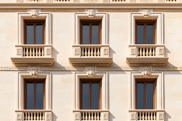 Aufkleber - Building facade featuring symmetric window and balcony design, emphasizing architectural details and natural light on a textured surface.