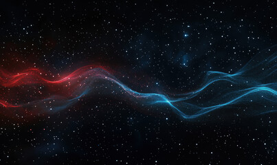 Poster - abstract cosmic waves in red and blue colors against starry background.
