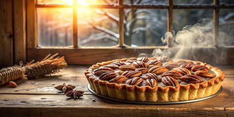 Poster - A freshly baked pecan pie with steam rising, sitting on a rustic wooden table near a window with golden light streaming in.